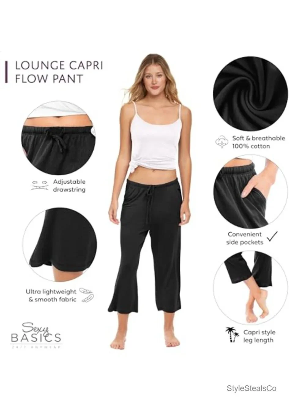 Women's 100% Cotton Capri Lounge Pajama Pants with Pockets